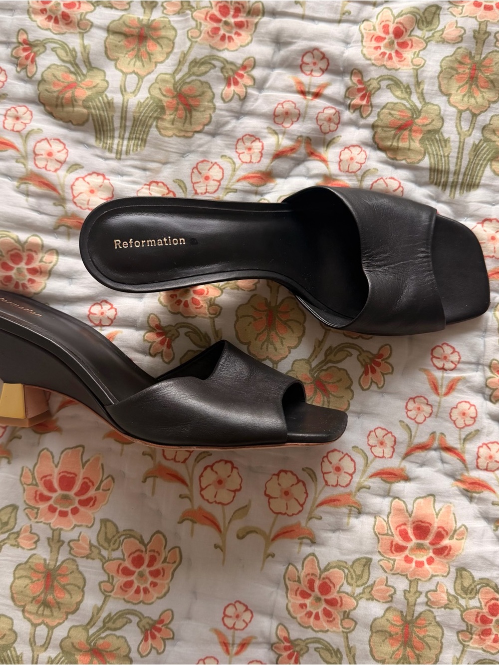 Reformation Black Leather Square-Toe Slide Mules